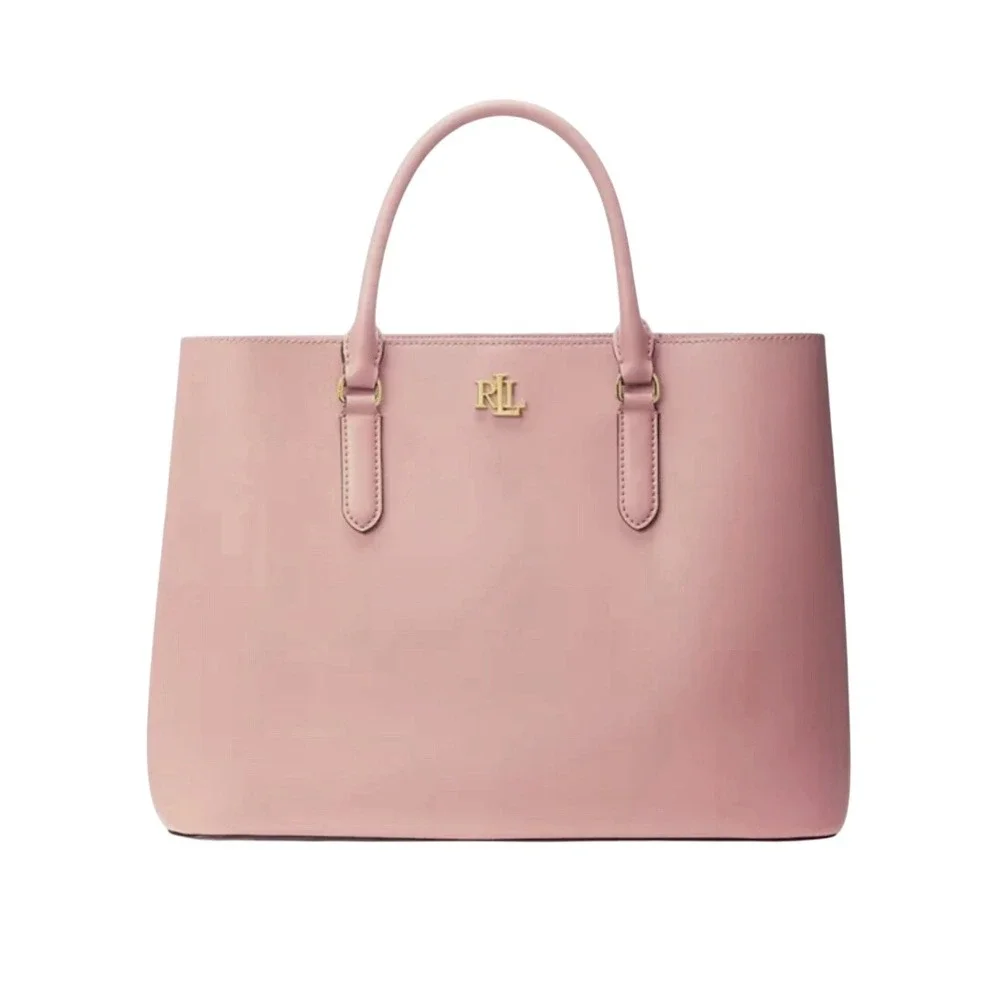 LRL RALPH LAUREN Large Leather Marcy Satchel Tote Bag SPRING ROSE PINK Near Mint